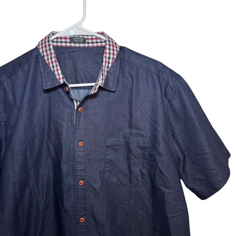 COOFANDY Mens Denim Short Sleeve Button Up Shirt Red Plaid Collar Size L - Picture 1 of 7